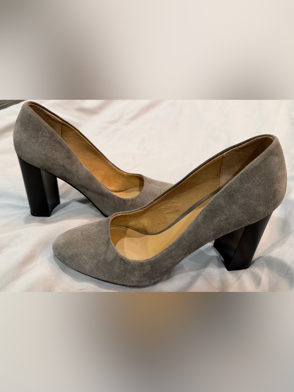 Franco Sarto Gray Suede Block Heel Pumps